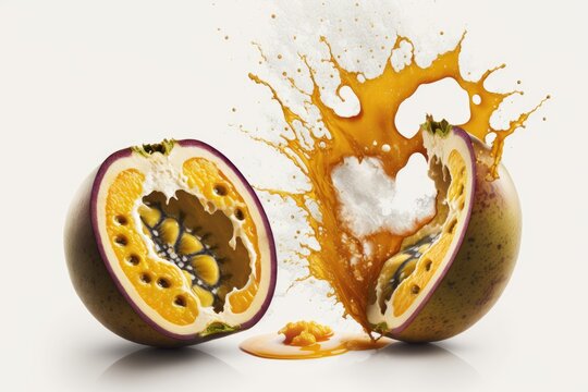 Ripped passion fruit, both whole and cut, floating in the air against a white background. Generative AI