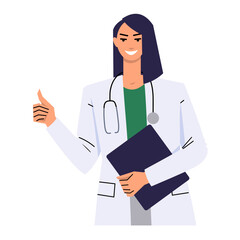 Fototapeta na wymiar Woman doctor shows the thumb up. Gesture of approval, cool, good. Medical worker in a white coat with a stethoscope. Holds the clipboard. Flat vector is isolated on white background.