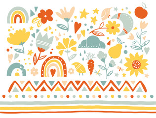 Hand-drawn cute boho design elements. Folk stickers, flowers, birds, and geometric borders for kids and children. Vector illustration