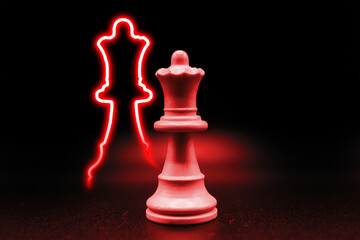 Queen red shape neon led with black background. Illustration of chess pieces