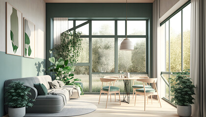 Fototapeta na wymiar Spacious and bright modern apartment featuring large windows and minimalist design with plants and garden view generative ai