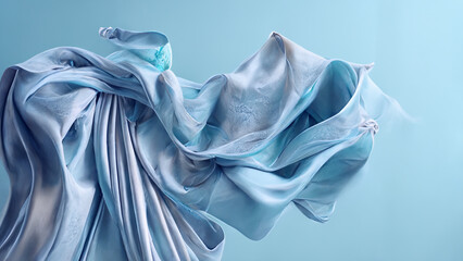 3D display pastel blue background with silk cloth flyin