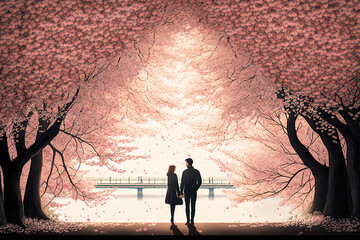 A beautiful Asian couple meet under cherry blossom trees. Anime style watercolor drawing generated by AI.