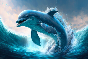 Playful young dolphin leaping out of the water, generative ai