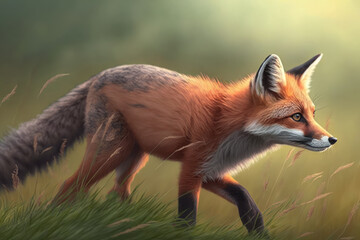 Fototapeta premium Playful young fox cub chasing its tail in a grassy meadow, generative ai
