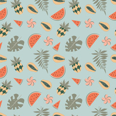 Seamless tropical pattern, Summer repeat print, Exotic fruits wallpaper,  Fruits and palm leaves background, Pineapple, Watermellon, Papaya, Palm leaf, Monstera leaf