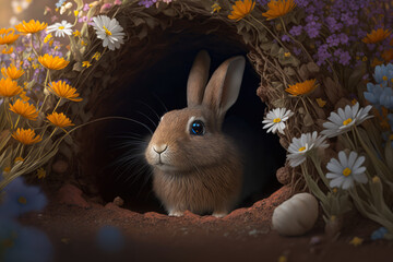 Shy rabbit peeking out of a cozy burrow in a meadow surrounded by colorful wildflowers and a clear blue sky above, generative ai - obrazy, fototapety, plakaty