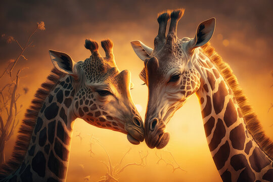 romantic scene of two giraffes kissing each other against a stunning African sunset in the savanna, generative ai