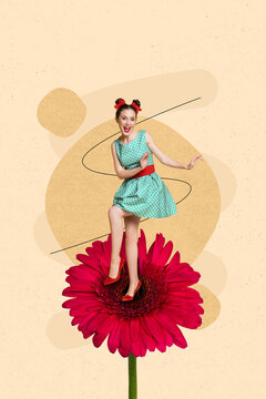 Photo art advertisement collage of young overjoyed lady dance have fun red gerbera flower gift international woman day isolated on beige background