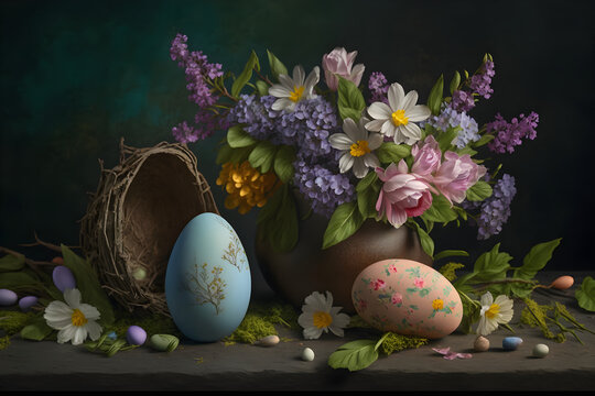 Easter decoration. Easter composition with colored eggs and flowers on dark background. Still life in old style. Generative AI