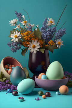 Easter decoration. Easter composition with colored eggs and flowers on tortoise background. Generative AI