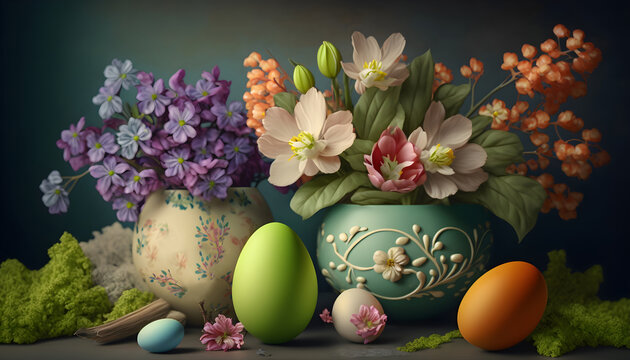 Easter decoration. Easter composition with colored eggs and flowers on dark background. Still life in old style. Generative AI