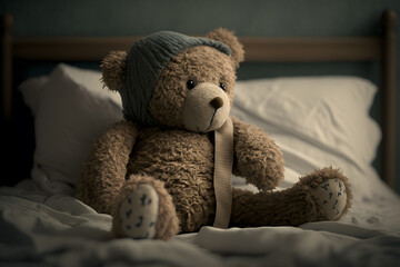 Teddy Bear, Bandaged laying in Hospital Bed.Generative AI.