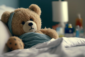 Teddy Bear, Bandaged laying in Hospital Bed.Generative AI.