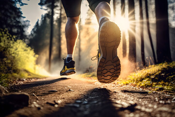 Vibrant Energy of Running Outdoors in Nature with Sun Rays Through Feet. Generative AI.