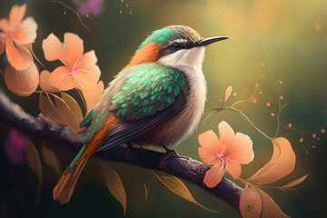 Tiny Bird Perched on a Blossoming Branch with Green Leaves in the Background, generative ai