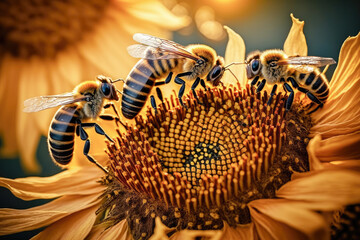 A group of honey bees pollinating a sunflower field - Generative AI