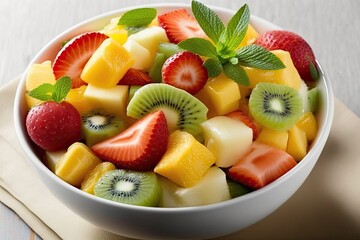 Strawberry, pineapple, kiwi, ananas, and mint are among the fresh fruits filling a bowl. Fruit salad that's to die for. Generative AI