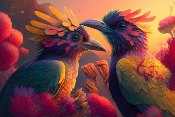 Two lovebirds sharing a sweet kiss on a blooming flower bed with a stunning sunset in the background, generative ai