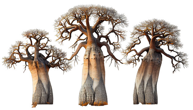 Baobab african trees isolated on transparent and white background. Generative AI