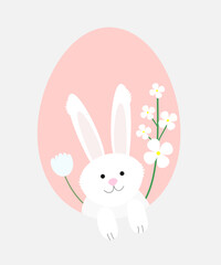 Nice rabbit with flowers on a pink egg silhuette. Easter greeting card.