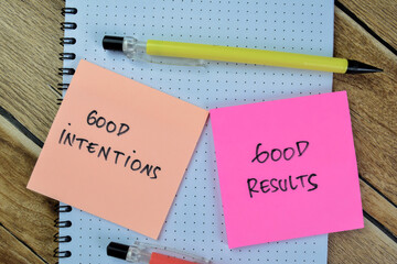 Concept of Good Intentions and Good Results write on sticky notes isolated on Wooden Table.