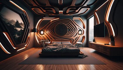 Ultra modern futuristic, bed room with 3d wooden wall so that the bedroom is as special as you are, interior