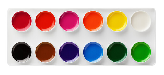 Simple watercolor paints in box isolated on transparent background