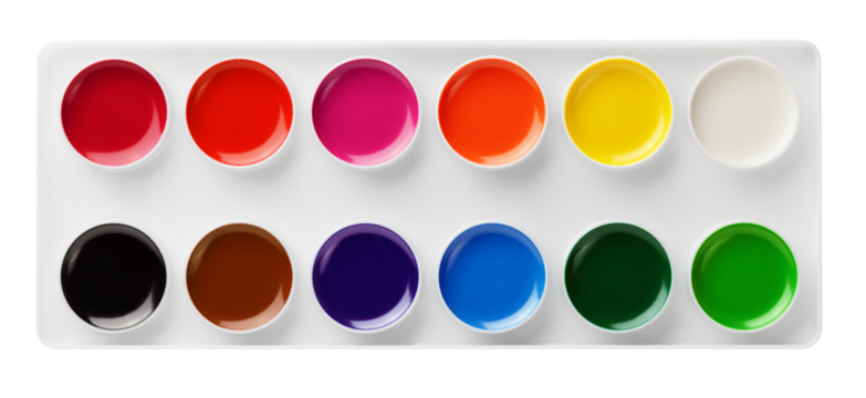 Simple watercolor paints in box isolated on transparent background
