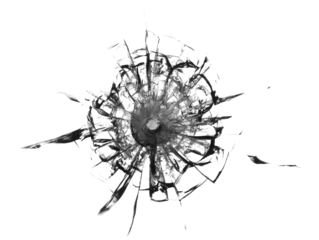 Cracked glass broken window on white background. Texture of broken windscreen.