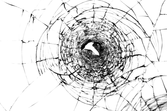 Cracks on broken glass after gun shots. Punched hole in windshield