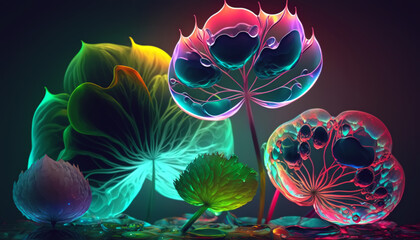 illustration luminescent glow of glass lotuses in the lake