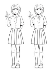 指さしチェックをする女学生線画　視線2パターン