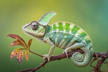 Obraz premium Yemeni chameleon, or veiled chameleon, on a plant against a green background. Generative AI