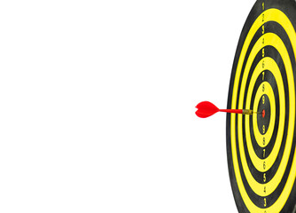 Red dart arrow hitting in bullseye on dartboard with white background and clipping path. Business...