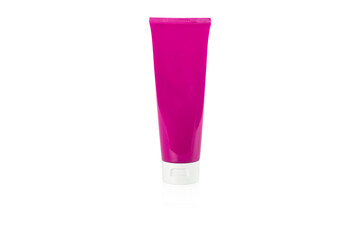 Blank label facial cleanser skincare pink tube bottle with white lid isolated on white background with clipping path.