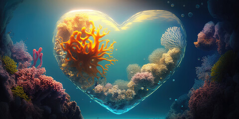 Fototapeta na wymiar Heart shaped air bubble with corals underwater. Romantic concept wallpaper. Generative AI