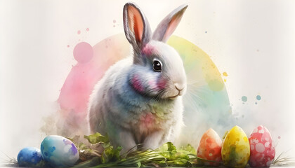 watercolor easter bunny with colorful eggs