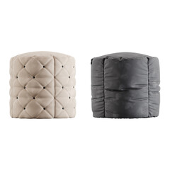 modern minimal pouf seating with white studio style background, its mixer of different fabrics, leather and wood textures, some are wire-frame furniture some are good quality seating.