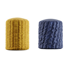 modern minimal pouf seating with white studio style background, its mixer of different fabrics, leather and wood textures, some are wire-frame furniture some are good quality seating.