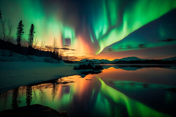 Landscape in the Arctic north in winter in the snow on the background of the luminous northern lights at night, stars in the sky. Generative AI