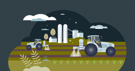 Agribusiness as agriculture business with maximal profit tiny person concept. Crops and farmland industry with productive and successful harvest work vector illustration. Industrial food production. © VectorMine