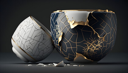 Kintsugi Japanese Gold Repaired Porcelain Bowl	