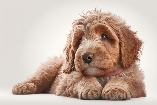Adorable crimson apricot Puppy of a breed that combines the Australian Cobberdog with the Labradoodle, lying down and looking forward. An open maw, pink tongue protruding. Placed in a solitary context