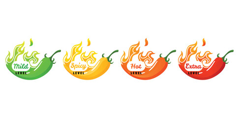 Spicy level. Hot chili pepper icons set with flame and color rating of mild, medium hot and extra hot. Level of pepper sauce or snack food