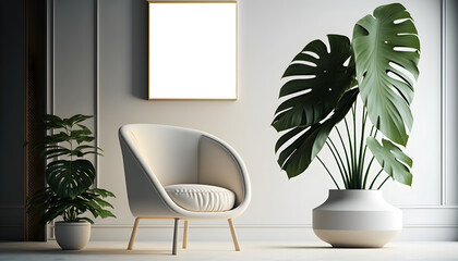 Scandinavian Minimalist Interior with tropical leaves, transparent frame