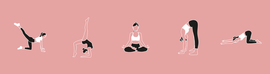 Girls icons dong yoga sport stretching in black and white clothes on pink background set for mobile apps