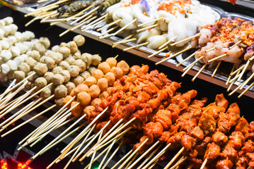 Many snacks and seafood in vietnamese night market in Da Lat