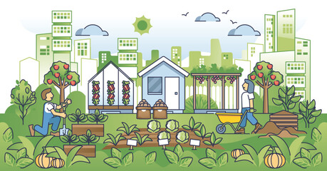 Urban agriculture and ecological city gardening community outline concept. Harvest planted vegetables and greens as local food from personal garden vector illustration. Sustainable farm lifestyle.