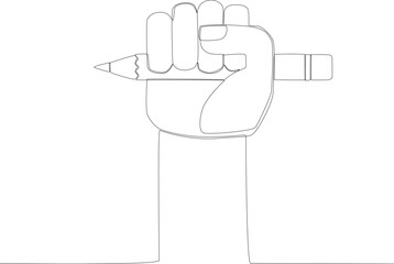 A right hand holding a pen to the left. World press day one line drawing